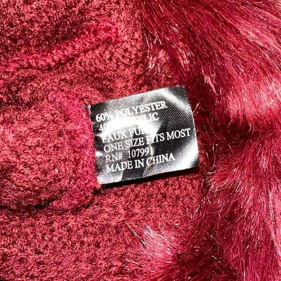 Whimsigoth Maroon Y2k Acrylic Blend Knitted Faux Fur Trim Beanie One Size - Picture 3 of 3